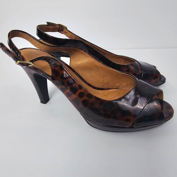 Clarks Artisan Women's Patent Leather Leopard Open Toe Sling Back Heels Size 7M - Picture 4 of 11